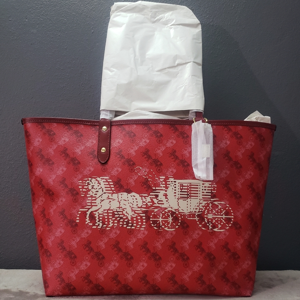 Coach Reversible Tote w Red Horse & Carriage Print
